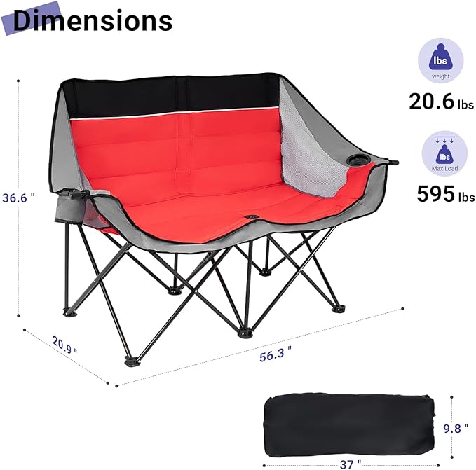 Double Camping Chair Outdoor 2-Seater Oversized 2 Person Portable Folding Lawn Chair with Cup Holders & Mesh Storage Pocket for Picnic, Camping, Beach, Sports, Hiking