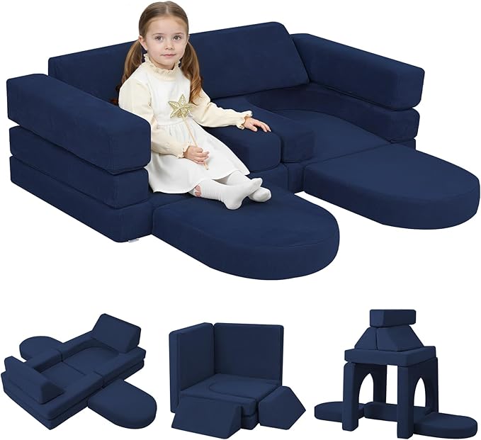 MeMoreCool Kids Modular Play Couch – 10-Piece Navy Foam Sofa Set, Convertible Playroom Furniture | Fold-Out Toddler Bed | Safe, Washable & Imaginative Design