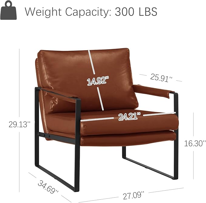 Zouron Mid Century Modern Accent Chair with Black Metal Frame, Upholstered Living Room Chairs with Pillow, Reading Armchair for Bedroom, Office, 1 Pcs, Red Brown