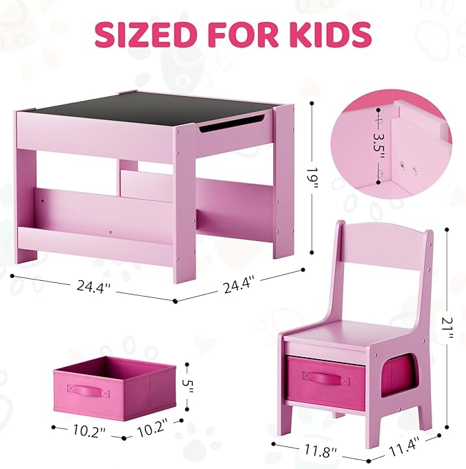 Arlopu Kids Table and Chairs Set, 4 in 1 Toddler Art Desk with Storage Drawer, Wooden Activity Deskboard, Blackboard, Reversible & Detachable Tabletop, Bookshelf for Drawing, Reading (Pink)