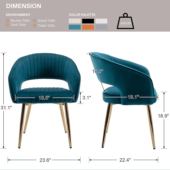 COMULER Teal Velvet Dining Chairs Gold Legs, Modern Dining Room Chairs with Arms Set of 6 Upholstered Accent Chair Armchair with Barrel Back for Kitchen Living Room
