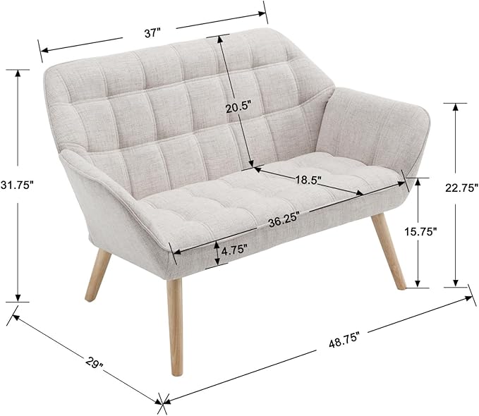 48" Small Loveseat Sofa, Mid Century Modern Linen Love Seat with Wood Legs 2-Seat Sofa Couch Tufted Wingback Upholstered Sofa Chair for Living Room Bedroom Apartment, Beige