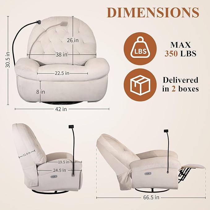 Power Recliner Chair - Reclining Sofa with USB Charging 270° Rocking 330 lbs Capacity Snow Velvet Fabric Rocker Recliner for Adults & Elderly Glider Rocking Chair for Living Room and Bedroom