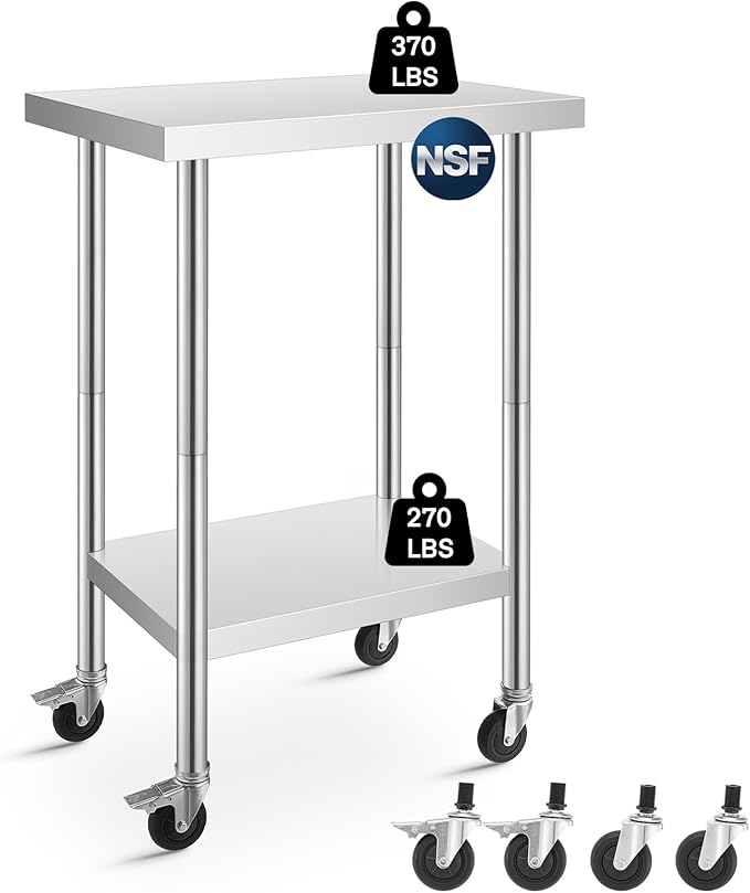 Stainless Steel Table for Prep and Work 24 x 18 Inches, NSF Metal Commercial Worktables, W/4 Caster Wheels for Restaurant, Home, Outdoor, Garden, Warehouse and Hotel