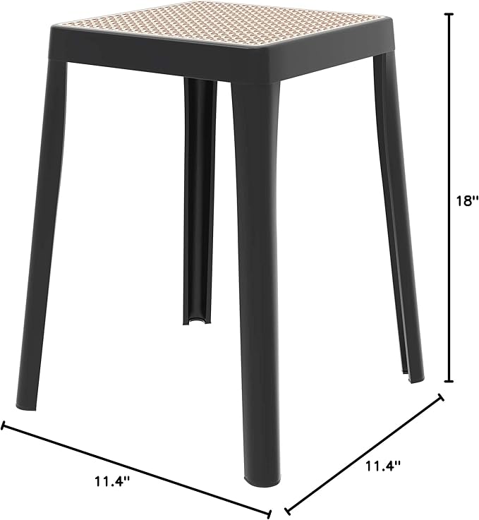LeisureMod Stackable Square Plastic Dining Stool - Mid-Century Modern Backless Accent Stool with Wicker Top for Kitchen & Dining Room, Black