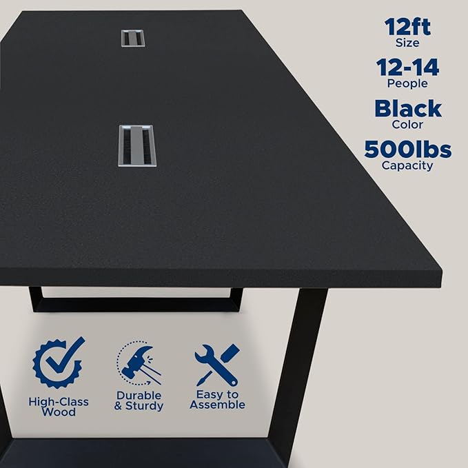 ahliss Sturdy Conference Table with Cable Management Grommets Modern Rectangle Office Meeting Table with Wood Tabletop and Metal Frame & Legs- Easy Assembly Boardroom Table (Black, 12 Foot)