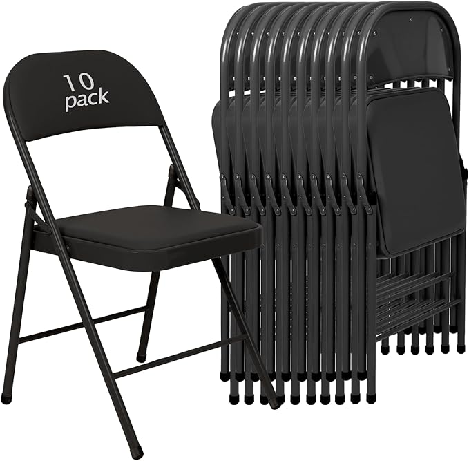 10 Pack Black Padded Folding Chairs Set - Comfortable Stackable Portable Chairs for Indoor Outdoor, Events, Parties, Office, Wedding (PU Leather, Classic Black,School Chair)