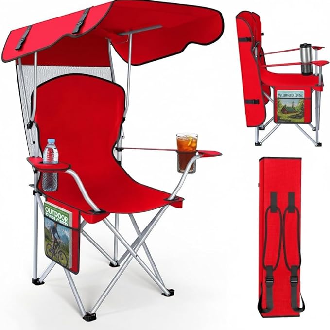 CozyBox Portable Folding Camping Chairs with Canopy Shade, Beach Chair for Adults, Durable Weather Resistant 600D Oxford Cloth, Camping Chair with Canopy for Outdoors [Red]