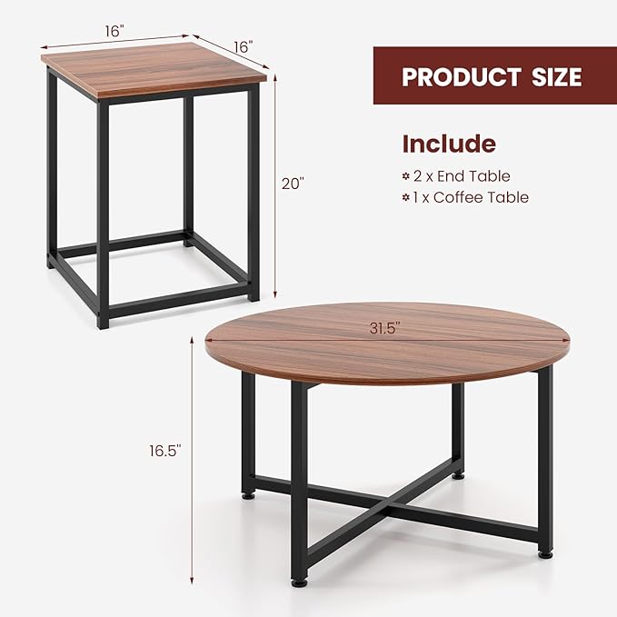 Giantex Round Nesting Table Set of 3, Farmhouse Coffee Table w/2 End Tables, Sturdy Metal Frame, 3-Piece Wooden Living Room Table Set for Home Office, Apartment (Walnut & Black)
