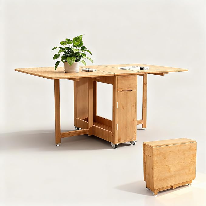 Folding Drop Leaf Dining Table with 2 Storage Space and 4 Lockable Wheels, Convertible Dining Table cart for Small Spaces Dining Room. (Wood)