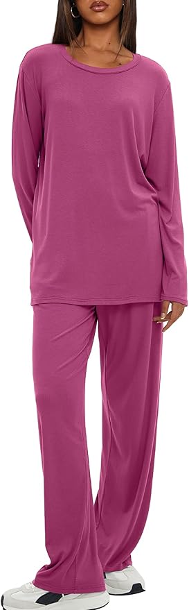 Darong Women's 2 Piece Lounge Set Casual Long Sleeve Crew Neck Tops Wide Leg Pants Travel Airport Outfit Matching Sets
