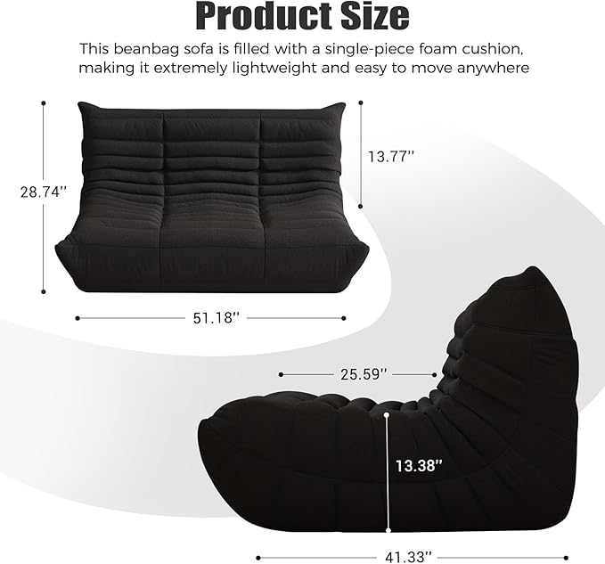 Selyteramy Bean Bag Chairs for Adults, Giant Bean Bag Chair Sofa with Memory Foam, Comfy Beanbag Loveseat Lazy Sofa for Living Room, Bedroom, Apartment, Black