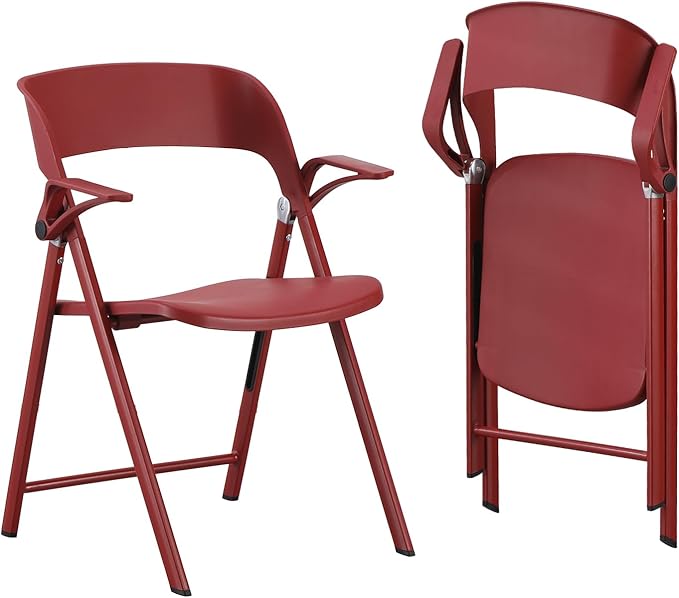 Office Chair Adjustable Arms, Plastic Folding Chairs for Outside, Collapsible Dining Chairs, Portable Foldable Chair for Indoor, Outdoor, Wedding, Party, Office, Balcony, Garden (Red, 2Pack)