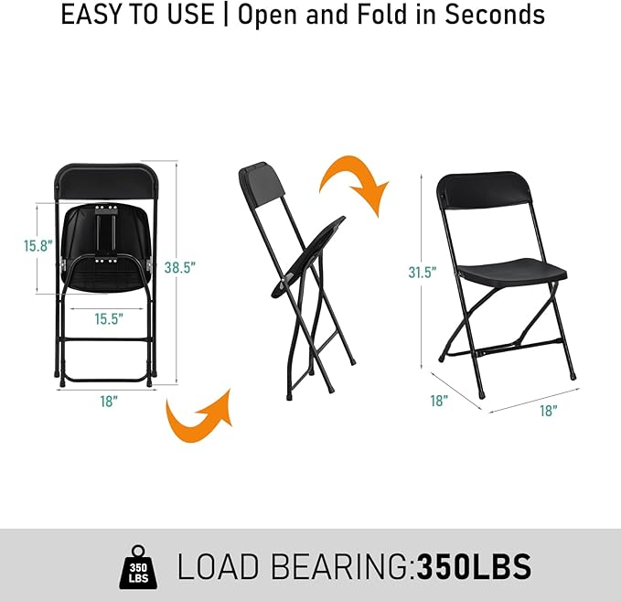 10 Pack Black Plastic Folding Chair, Indoor Outdoor Portable Stackable Commercial Seat with Steel Frame 350lb. Capacity for Events Office Wedding Party Picnic Kitchen Dining