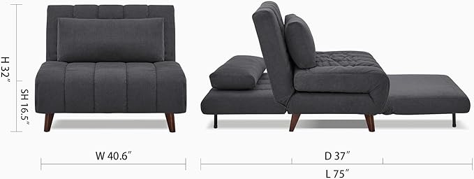 Artdeco Home 40" W Convertible Futon Chair with Matching Pillow(s) for Small Space Living Room and Apartment (03 Charcoal)