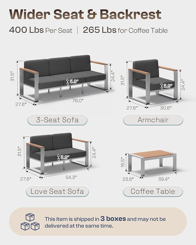 ComfCove Outdoor Aluminum 3-Seat Sofa, Modern Patio Patio Furniture with Wide Seat and Thick Cushions, All-Weather Oversized Couch for Deck, Porch