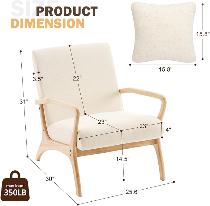 ELUCHANG Mid-Century Modern Accent Chair with Lumbar Pillow, Upholstered Armchair in Premium Linen Fabric, Comfy Reading & Lounge Chair for Living Room, Bedroom, Sunroom, Apartment