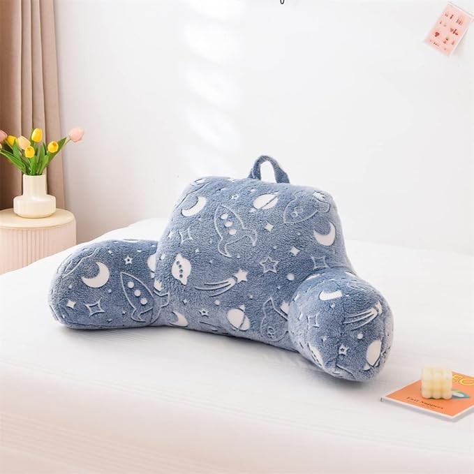 Holawakaka Glow in The Dark Reading Pillow for Sitting up in Bed Sofa Kids Teens, Space Rocket Moon Stars Backrest Pillow with Arms for Boys Girls, Back Support Cushion for Couch Nursery Playroom