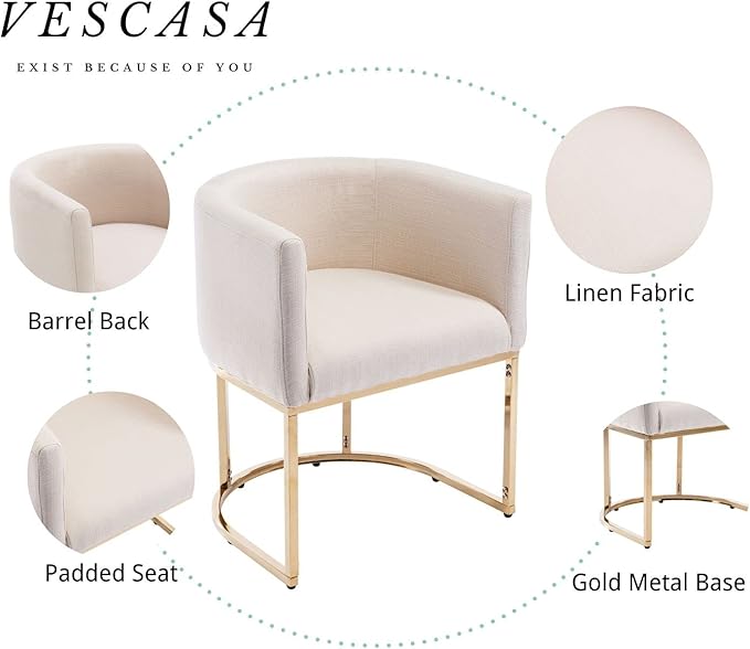 VESCASA Upholstered Dining Chairs with Barrel Back, Modern Padded Restaurant Chairs with Gold Metal Frame for Dining Room, Kitchen, Set of 3, Linen Cream