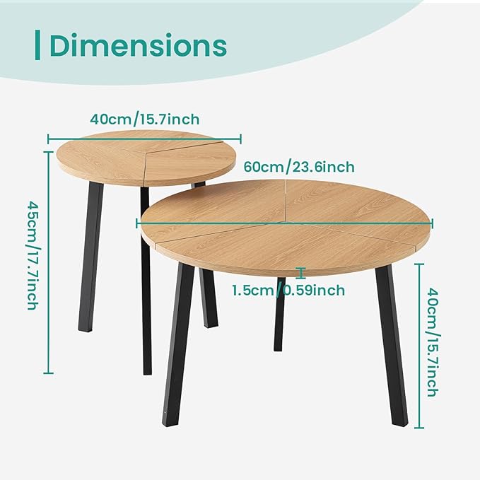 SUNBURY Coffee Table Nesting Wood Set of 2, Round Coffee Table 23.6", Side Tables for Living Room Bedroom Balcony Yard