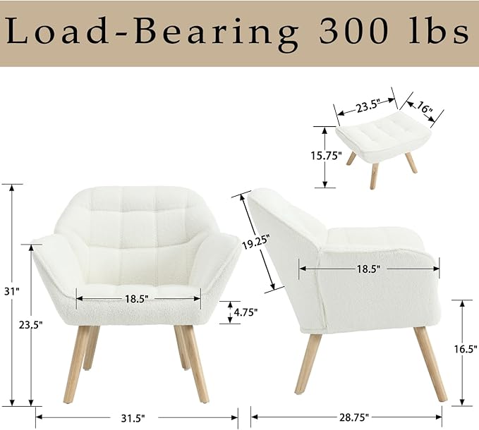 ZH4YOU Sherpa Accent Reading Chair with Ottoman, Modern Fuzzy Chair with Ottoman Upholstered Armchair with Wood Legs Comfy Lounge Chair for Small Spaces Living Room Bedroom Book Nook, White