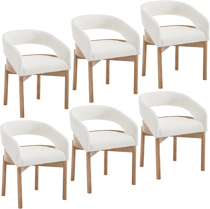 DUOMAY Modern Sherpa Dining Chairs Set of 6, Open Back Kitchen Chairs with Solid Wood Legs Upholstered Curved Back Side Chairs for Kitchen Restaurant, Fur White