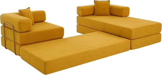 108" Convertible Sleeper Sofa Bed, Corduroy Folding Sofa Bed with Fixed-Shape Frame, Fold Out Floor Mattress Couch, Lazy Compression Sofas for Living Room, Bedroom, No Assembly Required,Yellow
