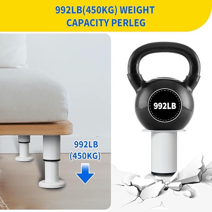 Olldag 6 PCS Adjustable Furniture Couch Cabinet Legs 4.72-7.48 Inch, Heavy Duty Adjustable Height Replacement Legs for Dresser/Sofa/Bed/Chair, Legs for Furniture Set of 6 (White)