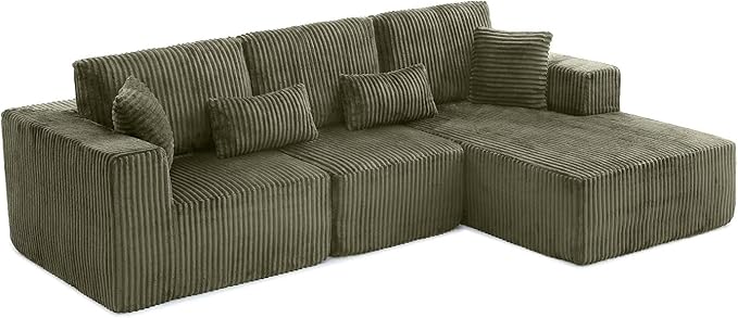 Vanress 110" Cloud Couch Sectional, Corduroy Boneless Couch with L-Shape Chaise,Modern Modular Sectional Sofa Comfy Deep Seat for Living Room, Bedroom, No Assembly (Green, Right Facing Chaise)