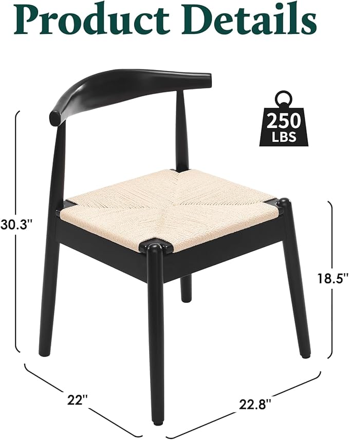 Farini Mid Century Modern Dining Chairs Set of 2, Solid Wood Frame Kitchen Chairs with Woven Upholstered Seat for Dining Room & Breakfast Nook,Black-Beige