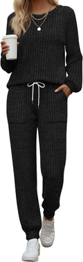 Sweetyweee Women's Ribbed Knit Lounge Sets 2 Piece Outfits Long Sleeve Pajamas Set Loungewear Sweatsuits Fall Pjs with Pocket