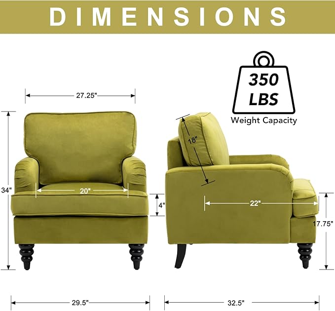 chairus Mid Century Modern Velvet Accent Chair, Vintage Club Armchair with Firm Supportive Seat & Soft Backrest, Comfy Single Sofa Reading Chair for Living Room Bedroom Apartment, Olive Green