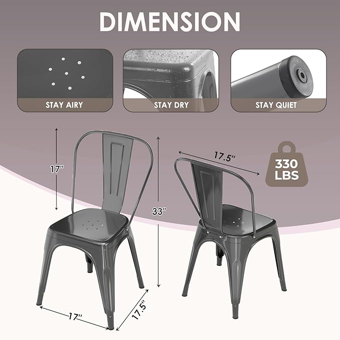 Metal Dining Chairs Set of 4,Stackable Tolix Chair Indoor/Outdoor for Kitchen,Cafe,Restaurant,Bistro & Patio Multiple Colors(Grey)