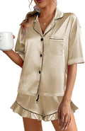 CHYRII Women's Silk Satin Pajamas Two Piece Pj Sets Short Sleeve Tops Ruffled Shorts Sleepwear with Magnetic Diffuser
