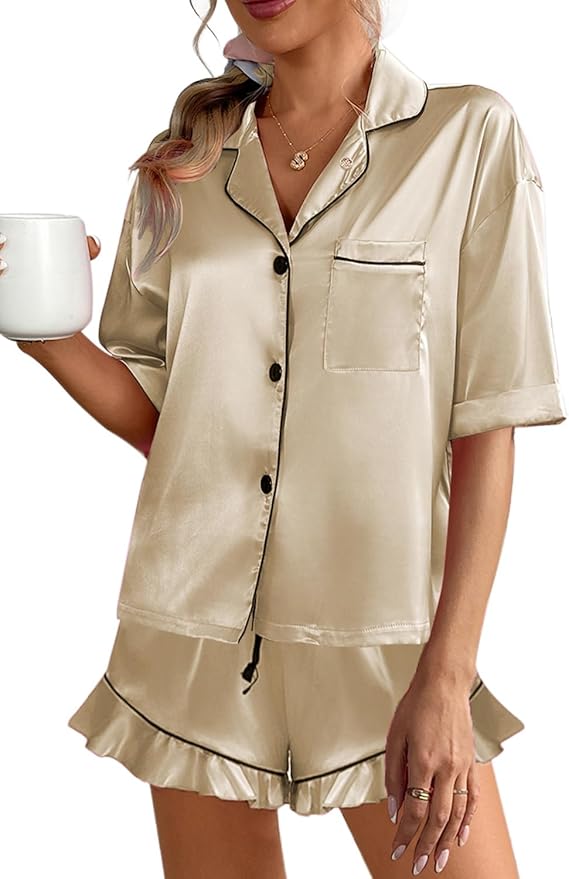 CHYRII Women's Silk Satin Pajamas Two Piece Pj Sets Short Sleeve Tops Ruffled Shorts Sleepwear with Magnetic Diffuser
