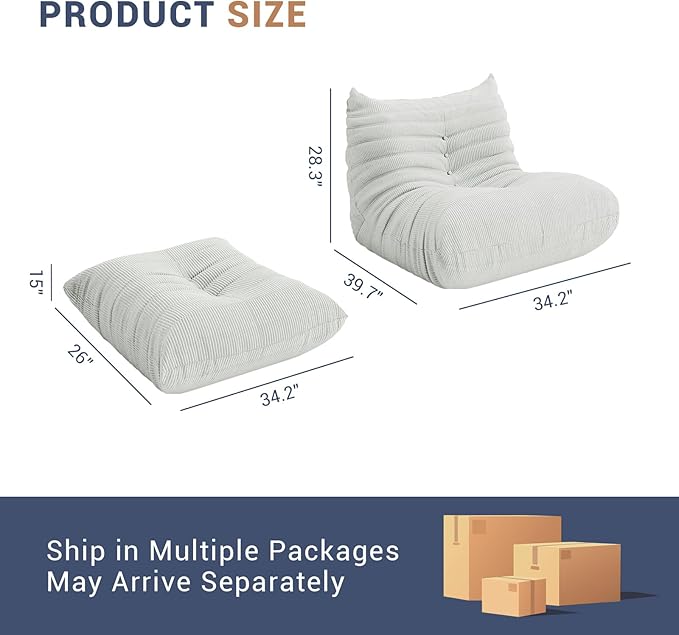Fireside Chair Corner Bean Bag Chair for Adults, Modern Corduroy Fabric Caterpillar Sofa Couch, Lazy Floor Sofa Armless Foam Couch Lounger Tatami Recliner for Living Room Bedroom Dorm Office