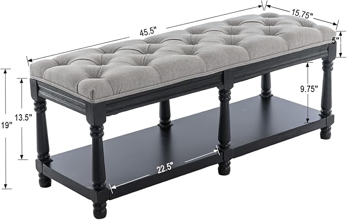 Farmhouse Storage Bench Wooden Entryway Linen Upholstered Ottoman Button Tufted Bench with Black Legs for Bedroom End of Bed Hallway Organizer, Grey, 45 Inch