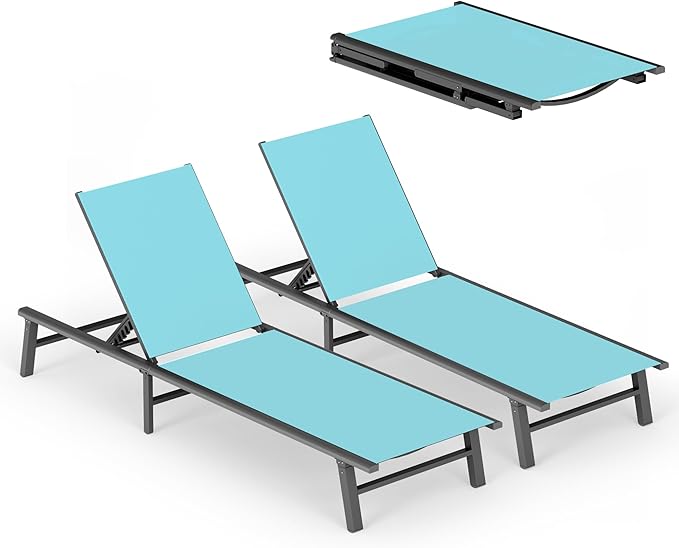 Ciokea Aluminum Outdoor Lounge Chair Set of 2- No Assembly Needed, Foldable Patio Chaise Lounge with 5 Adjustable Positions, Reinforced Frame for Extra Durability, Pool Beach Lounge Chair,Lake Blue