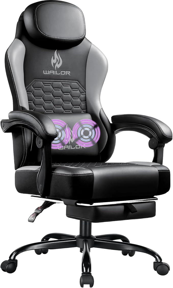 Gaming Chair with Massage and Packet Spring Cushion,Ergonomic Gamer Chairs for Adults with Footrest 300lbs,High Back Gamer Leather Chair with Headrest and Lumbar Support