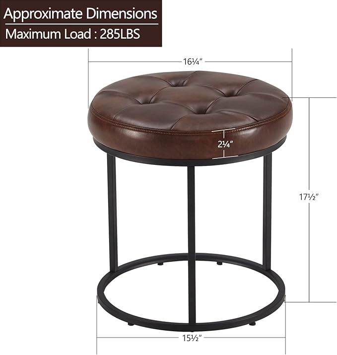 DUHOME Faux Leather Ottoman Stool, Vanity Chair Button Tufted Footrest Stool Makeup Stool with Metal Base for Living Room Bedroom, Dark Brown