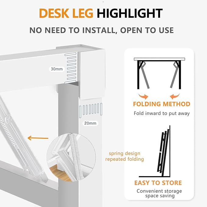 39.4 Inch Folding Table，Square Folding Desks for Small Space,Small Foldable Desk No Assembly,White.