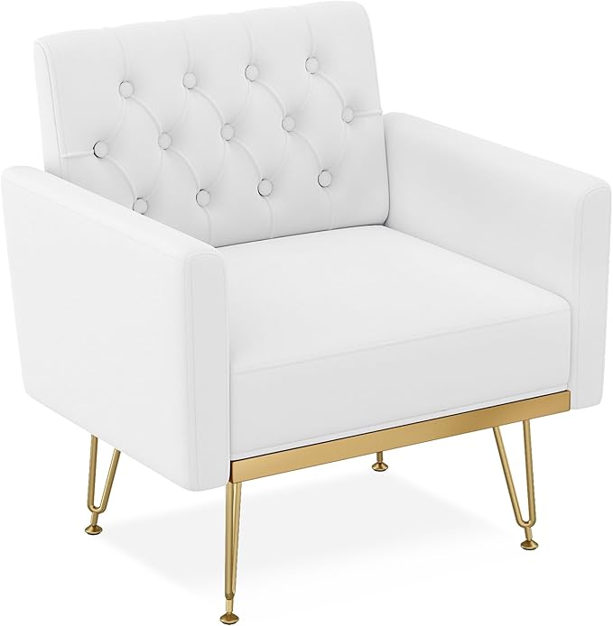 Accent Chair for Living Room, Comfy Oversized Velvet Upholstered Arm Chairs, Mid Century Modern Reading Single Sofa Side Chair with Tufted Back and Gold Legs for Bedroom (1, Pure White)
