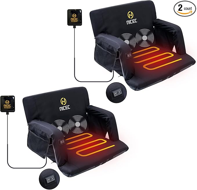 Nice C Heated Massage Stadium Seats, Floor Chair, Bleacher Seats, Reclining Waterproof Cushion, Foldable, Thick Padding, with Shoulder Straps & Side Pockets