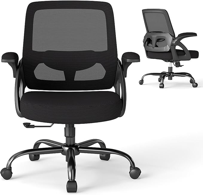 Mesh Office Chair, Ergonomic Desk Chair Wide Mid Back with Comfy Lumbar Support Swivel Task Executive with Wheels, Flip up Arms for Home