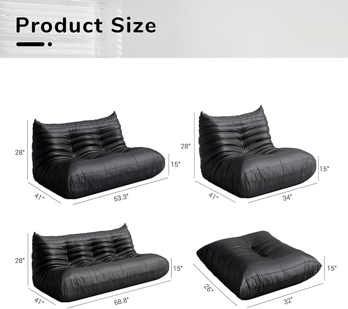 Comfy Lazy Floor Sofa Couch,Soft Armless Chair,Faux Leather Lounge Chair,Corner Relax Sofa Couch for Living Room Bedroom,Salon Office,Adults((Black+3P+2P+1P+Ottoman)