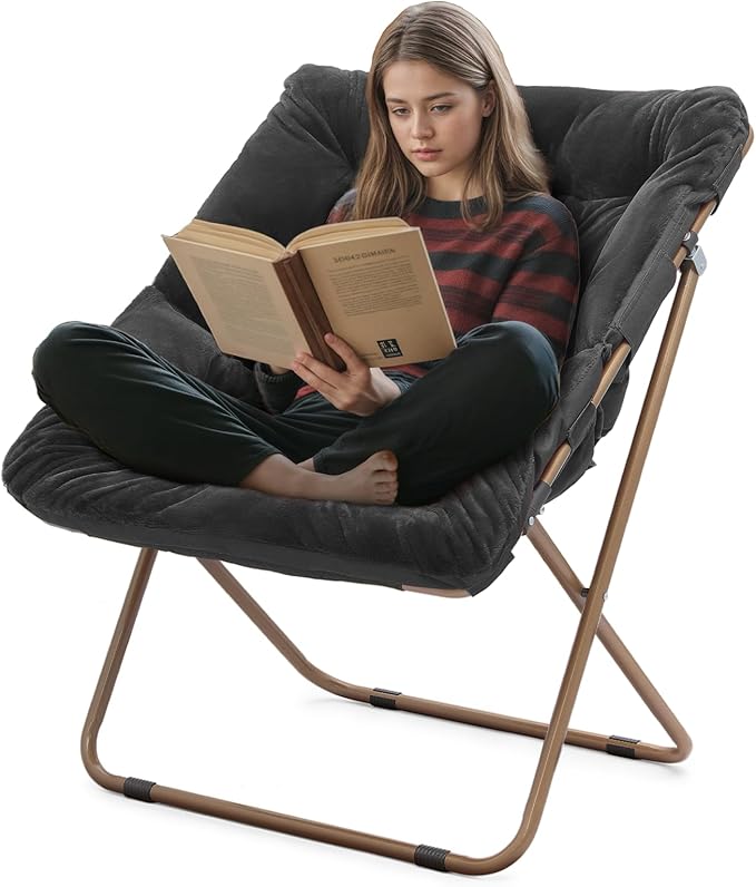 Athena Collection Saucer Chair for Adult, Square Comfy Cozy Chair Folding Chair Faux Fur Metal Frame Foldable Reading Chair Accent Chair for Bed Room Living Room, Black