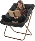 Athena Collection Saucer Chair for Adult, Square Comfy Cozy Chair Folding Chair Faux Fur Metal Frame Foldable Reading Chair Accent Chair for Bed Room Living Room, Black