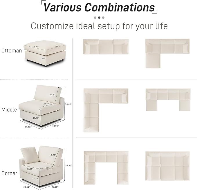 WJShome Cloud Couch Modular Sectional Sofa,100.5" V Shaped Couch, Convertible Wide Seater with Ottoman, 6 Seater for Living Room Set,Covers Washable&Replaceable,Beige