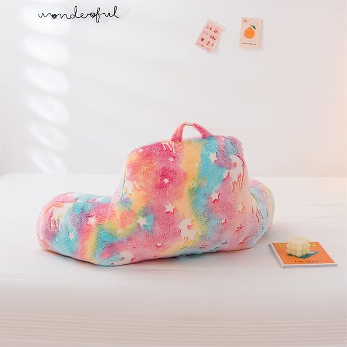 Holawakaka Glow in The Dark Unicorn Reading Pillow for Sitting up in Bed Sofa Kids Teens, Luminous Stars Backrest Pillow with Arms for Boys Girls, Back Support Cushion for Couch Floor Nursery Playroom