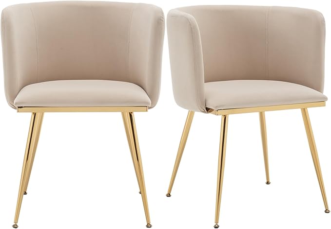 Canxkun Velvet Dining Chairs Set of 2, Barrel Dining Chairs with Gold Metal Legs, Modern Upholstered Dining Room Chair for Dining Room, Kitchen, Vanity (Beige)